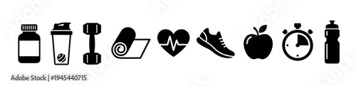 Black silhouette icons for fitness and wellness arranged in a horizontal row, featuring a dumbbell, yoga mat, heartbeat, apple, and water bottle for a healthy lifestyle concept