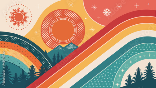 Vibrant abstract gradient landscape with rainbow colors sun mountains and trees in a stylized illustration