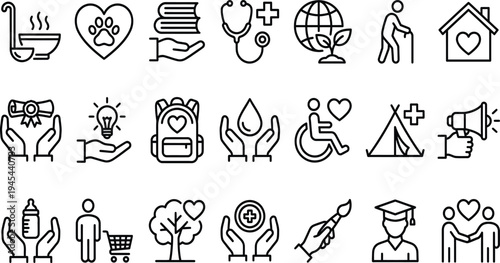 Set of outline icons for healthcare and social welfare activities support and education