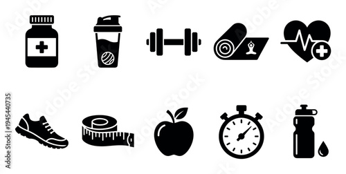 Set of ten black glyph icons representing health and fitness concepts with a dumbbell, yoga mat, running shoe, measuring tape, stopwatch, and apple for a healthy lifestyle