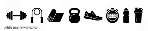 Set of black fitness equipment icons including a dumbbell, jump rope, exercise mat, kettlebell, sneaker, stopwatch, water bottle, and shaker for workout and sport concepts