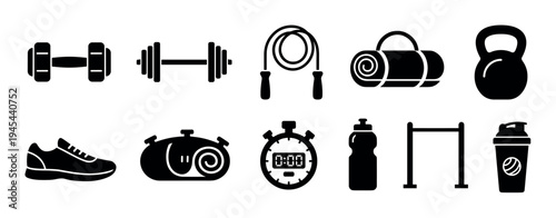Set of black fitness and gym icons featuring a dumbbell, barbell, kettlebell, jump rope, stopwatch, and sneaker for workout and exercise concepts in a minimalist glyph style