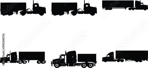 Compilation of black silhouette vector graphics featuring semi-trailer trucks, emphasizing their long trailers for cargo transportation.