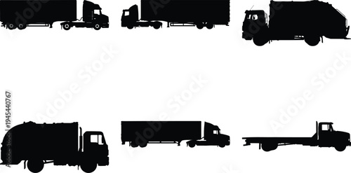 Collection of black truck silhouettes, including semi-trucks, garbage trucks, and flatbeds, isolated on a white background.