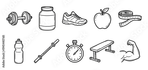 Set of hand-drawn fitness icons featuring a dumbbell, protein powder, sneaker, apple, and other gym equipment in a simple black and white doodle style for health and wellness concepts