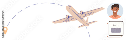 Travel booking, navigation, tourism, digital identity, transportation, journey planning. An airplane flying with a dotted path, user profile and keyboard icon. Travel booking and navigation concept