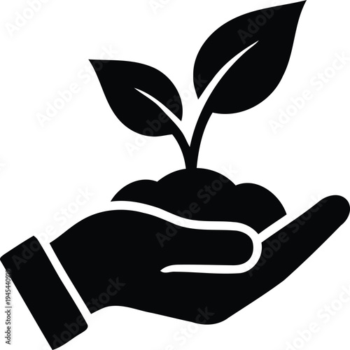 Minimalist hand holding soil with growing plant sprout icon representing agriculture growth and environmental farming