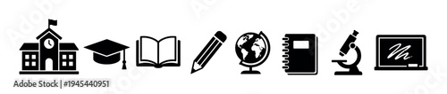 Diverse set of black silhouette education icons features a school, graduation cap, book, pencil, globe, notebook, microscope, and blackboard, rendered in a clean, graphic style