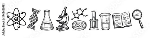 Hand-drawn science and research icons set featuring an atom, DNA, microscope, molecule, and laboratory glassware in a black and white sketch style for educational concepts
