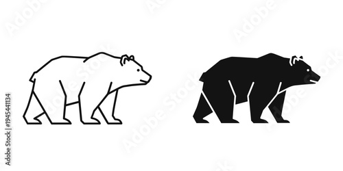 Two bears walking side by side vector illustration, black and white flat design