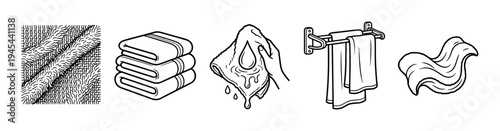 Set of black and white towel icons showing various states like folded, hanging, wet, and fabric texture in a clean line art illustration style for bathroom or hygiene concepts