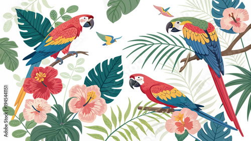 Vibrant colorful macaw parrots perched on branches with tropical leaves and flowers on white background