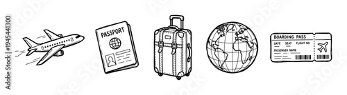 Hand-drawn travel and tourism icon set featuring an airplane, passport, luggage, globe, and boarding pass in a simple black and white doodle style for vacation concepts