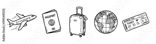 Hand-drawn travel and tourism icon set featuring an airplane, passport, luggage, globe, and boarding pass in a black and white doodle sketch style for vacation concepts