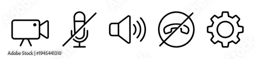 Set of black line art icons for video conferencing showing camera, mute, sound, end call, and settings symbols in a minimalist style for user interface design