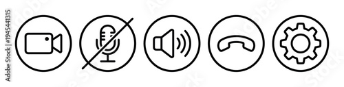 Set of black line art icons for video conferencing applications showing camera, mute, volume, end call, and settings buttons in a minimalist style