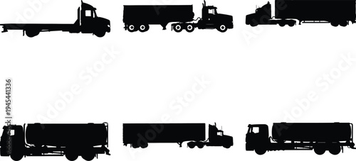 Assortment of black silhouette vector images displaying diverse trucks like flatbeds, tankers, and semi-trucks, representing freight and logistics.