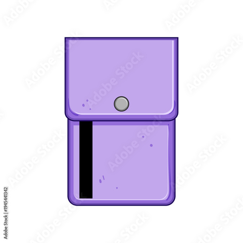 Purple cartoon travel wallet featuring a snap button closure and a visible section of a credit card, illustrating concepts of secure payment, travel finances, and everyday personal banking