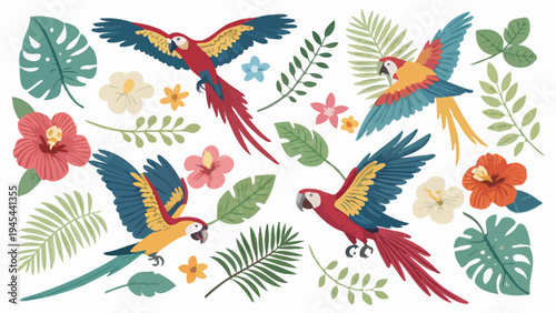 Vibrant jungle birds fly amidst colorful tropical flowers and lush greenery in a lively illustration pack