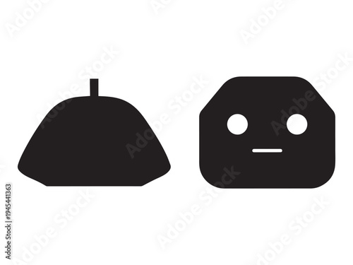 Simple black shapes with one having a face isolated on white background