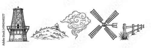 Set of vintage engraving style illustrations featuring a wooden tower, grassy hill, decorative cloud, windmill sails, and a rustic fence in a monochrome line art design