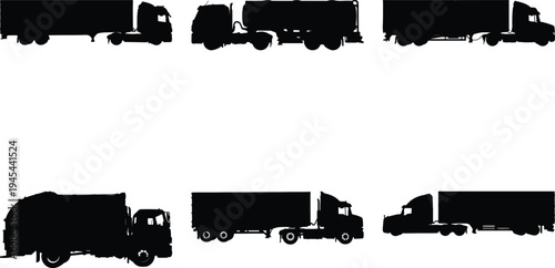 Set of six distinct truck silhouettes, featuring semi-trucks, tanker trucks, and garbage trucks, presented in black on a white background for graphic design.