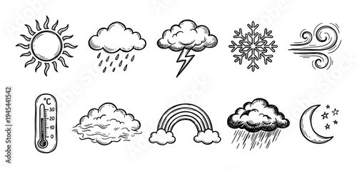 Set of hand-drawn weather forecast icons showing various meteorological conditions like sun, rain, storm, snow, and wind in a black and white doodle illustration style