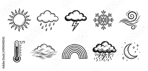 Collection of hand-drawn weather icons featuring the sun, clouds, rain, snow, wind, and a rainbow in a black and white sketch doodle style for meteorological concepts