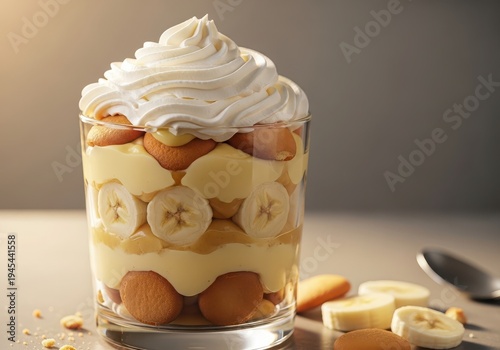 Delicious banana cream pudding dessert with whipped cream topping in a glass