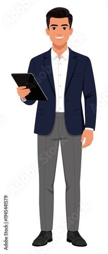 Businessman holding tablet isolated on white