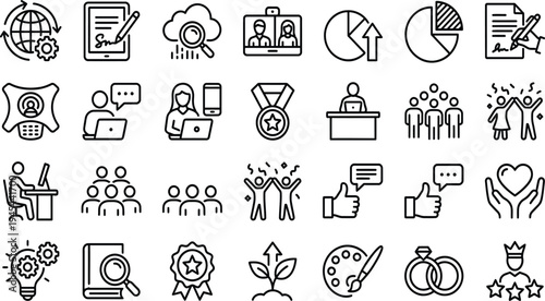 Business concept icons vector set for global connections teamwork success and strategy planning with digital technology and analytics tools