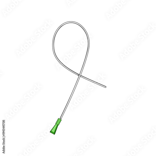 Urinary catheter medical device illustrating the specialized tube with a green connector, commonly used in hospitals for urology, drainage, and patient care