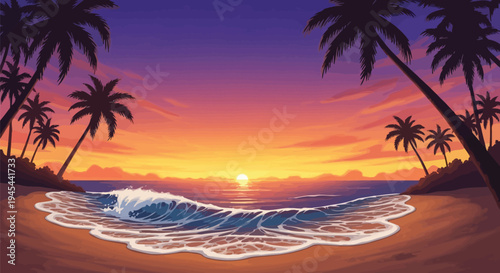 Vector tropical beach sunset with palm trees