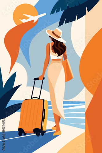 Hello, summer. Summer vacation. Abstract vector banner, woman in hat with suitcase strolling along the beach against backdrop of an airplane in sky. For travel, hotels, vacation, tourism advertising