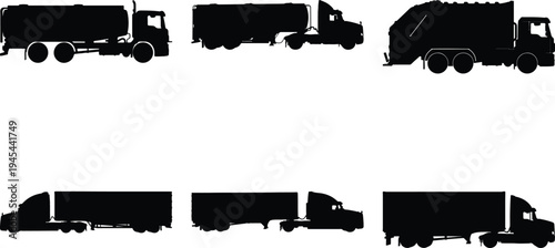 Collection of black truck silhouettes including semi-trucks, tanker trucks, and garbage trucks, isolated on white background.