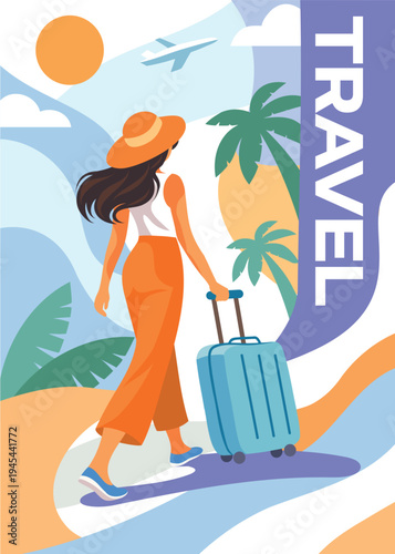 Summer holidays. Hello, summer. Abstract vector banner featuring, woman in a hat with suitcase strolling along the beach at sunset. Perfect for travel brochures, hotels, vacation, tourism advertising