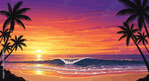 Vector tropical beach sunset with palm trees