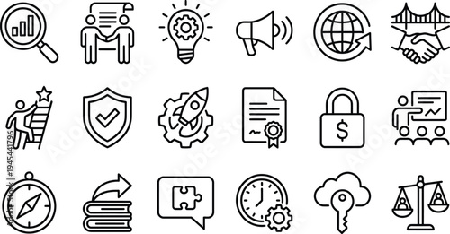 Business growth and finance icons set representing financial charts investment strategy and teamwork in professional settings