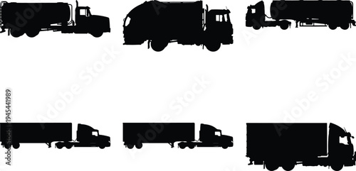 Collection of black silhouette vector illustrations of various trucks including semi-trailer, tanker, and garbage trucks on a white background.