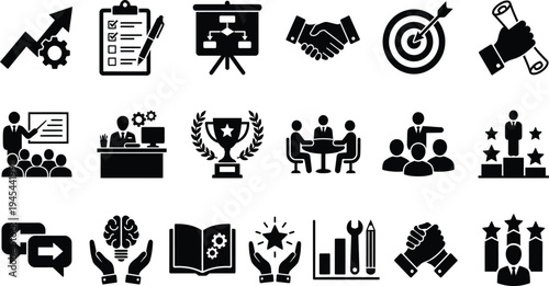 Business and strategy icons for planning, analysis, growth, teamwork, and success with symbols like charts, people, and awards