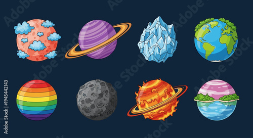 Set of Fantasy Cartoon Planets and Cosmic Celestial Bodies for Game Design and Education