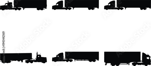 Group of black silhouette vector images of semi-trailer trucks and articulated lorries, symbolizing freight, logistics, and the trucking industry.