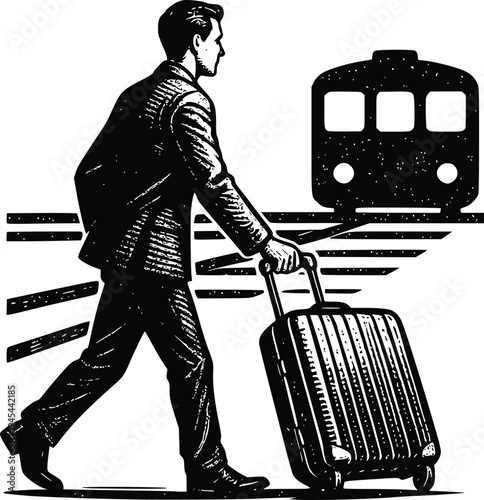 A man with a suitcase - commuter running silhouette, catching train icon