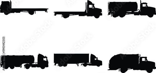 Group of black truck silhouettes featuring flatbed trucks, tanker trucks, and garbage trucks, perfect for illustrating logistics and services.