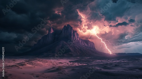 Dramatic mountain landscape with lightning strikes under a stormy sky