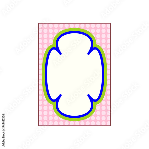 Empty ornate frame with a blue and green wavy outline, presenting plenty of space for customizable text on a pink polka dot background, ideal for various celebration needs