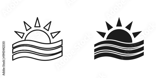 Sunrise over wavy water vector illustration, flat design icons