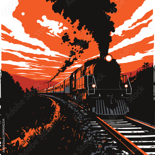 Steam locomotive in the city at sunset moment illustration