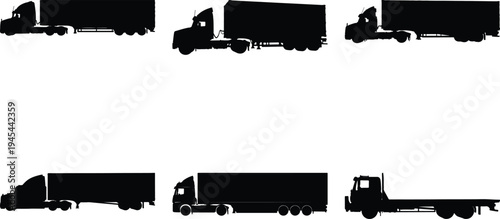 Set of six distinct black silhouette designs of semi-trailer trucks, presented on a clean white background.