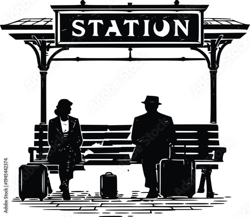 Train Station Waiting Area Silhouette – Passenger Seating Vector Scene